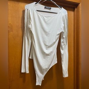 White Cold-Shoulder Rhinestone fringe bodysuit. Size L